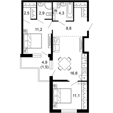 Планировка 2-комн 58,5, 58,9 м²