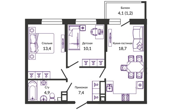 Планировка 2-комн 55,7 м²