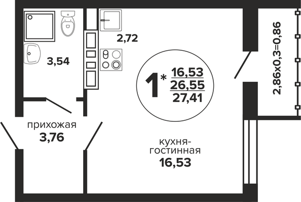 Планировка Студия 27,41, 27,78 м²