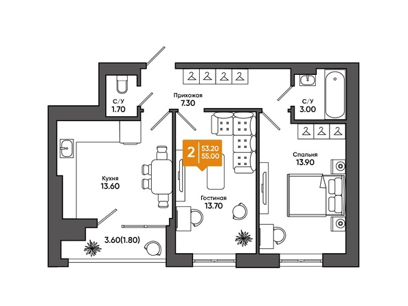 Планировка 2-комн 55 м²