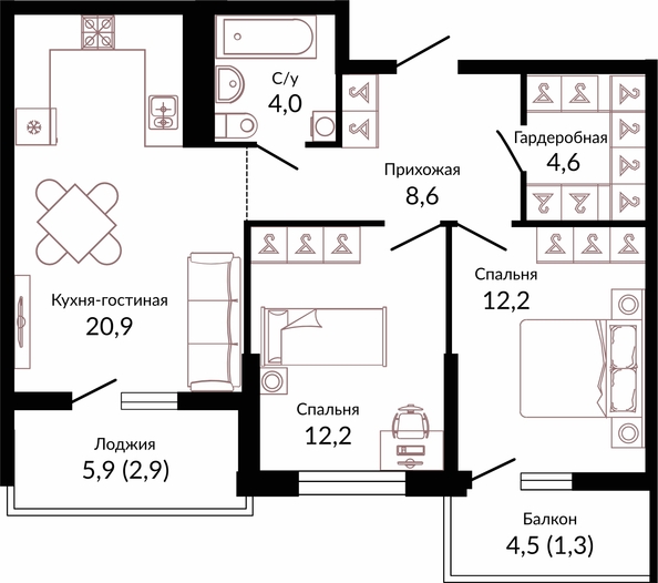 Планировка 2-комн 66,7 м²