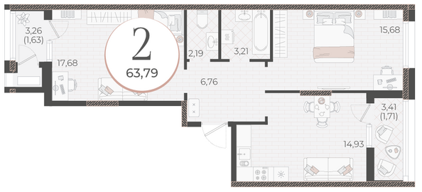 Планировка 2-комн 63,79 м²