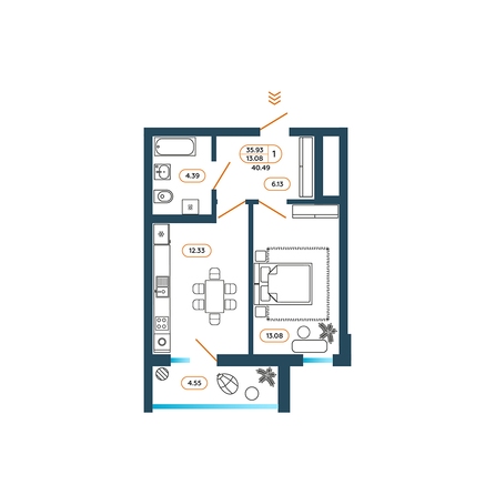 Планировка 1-комн 40,49 м²
