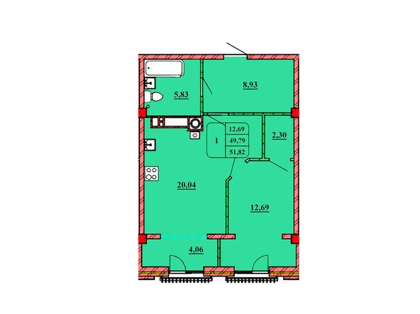 Планировка 1-комн 51,82 м²