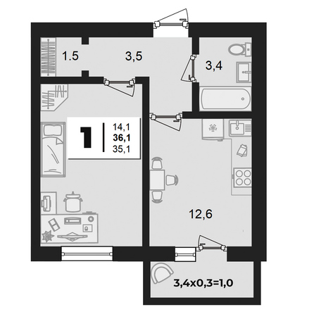 Планировка 1-комн 37,1 м²