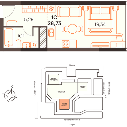 Планировка Студия 28,73 м²