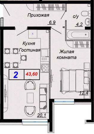Планировка 2-комн 43,6 м²