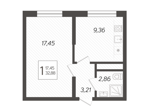 Планировка 1-комн 32,88 м²