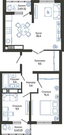 Планировка 2-комн 69,3, 70,6 м²