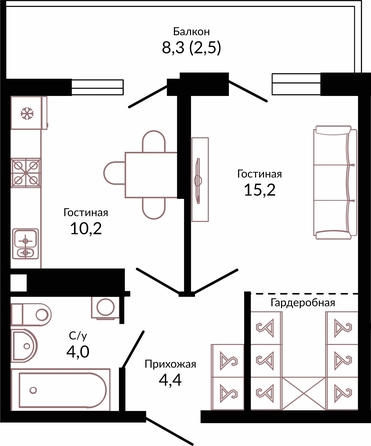 Планировка 1-комн 36,3 м²
