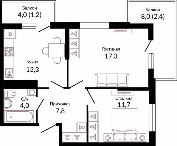 Планировка 2-комн 57,7 м²
