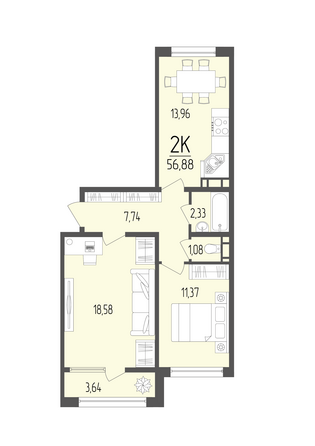 Планировка 2-комн 56,88 м²