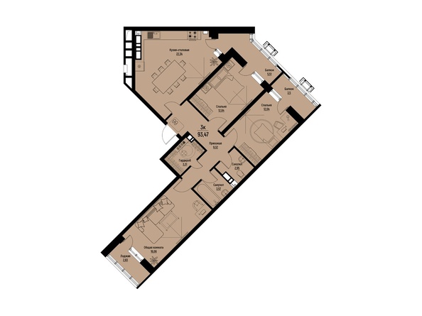 Планировка 3-комн 93,47 м²