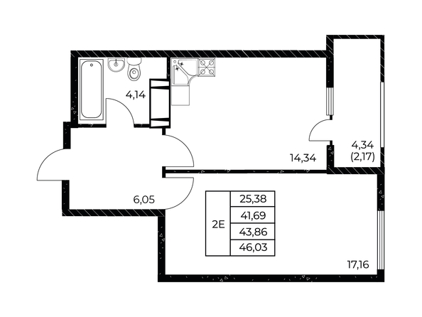 Планировка 1-комн 46,03 м²