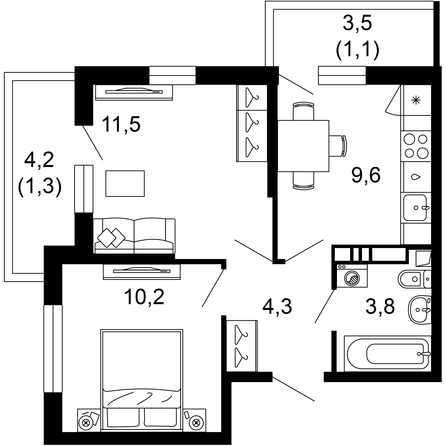 Планировка 2-комн 41,8 м²