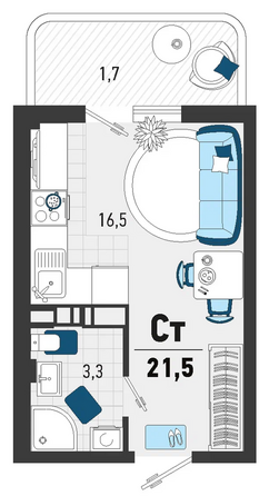 Планировка 1-комн 21,5, 21,6 м²