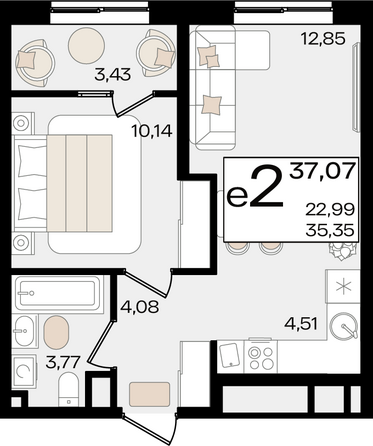 Планировка 2-комн 37,07 м²