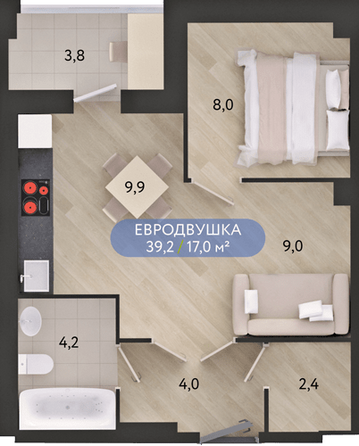 Планировка 2-комн 39,2 м²