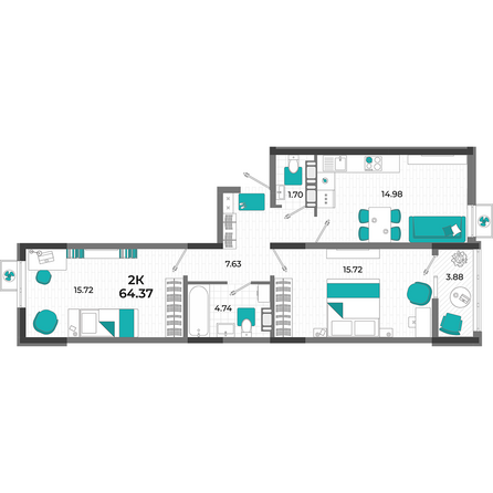 Планировка 2-комн 64,37 м²