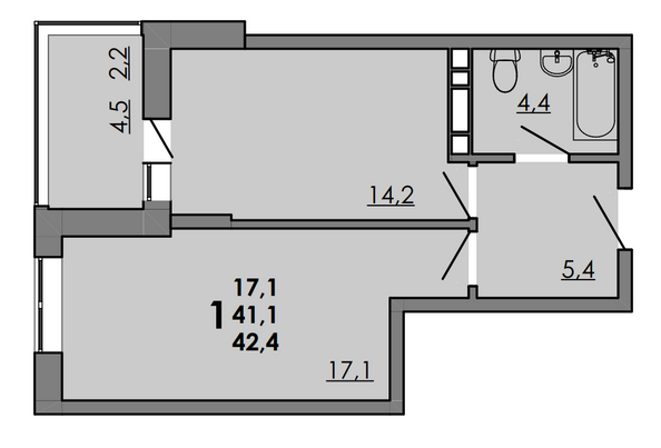Планировка 1-комн 42,4 м²