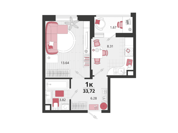 Планировка 1-комн 33,72 м²