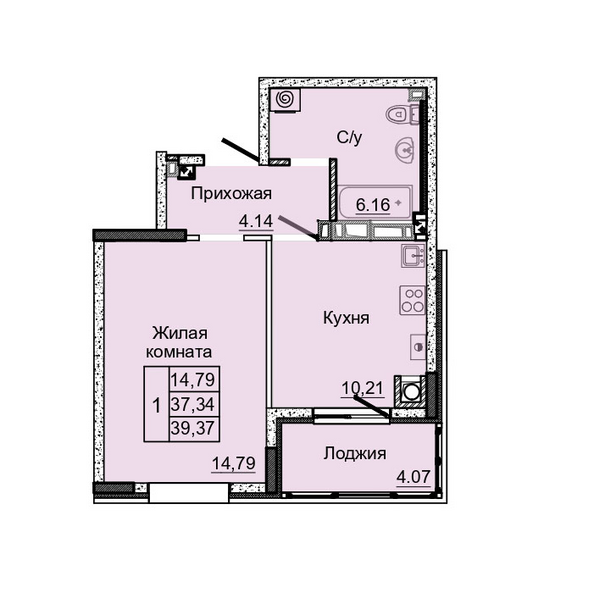 Планировка 1-комн 39,37 м²