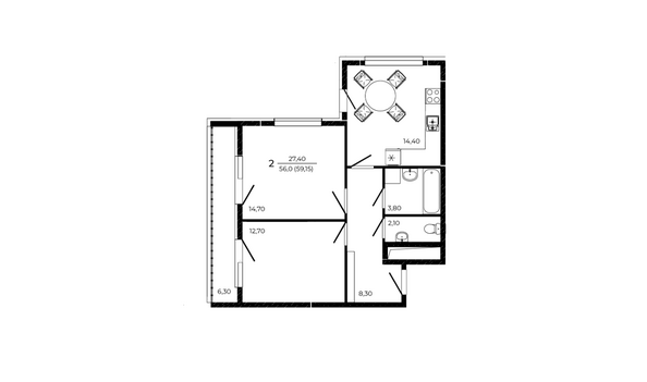 Планировка 2-комн 59,15 м²