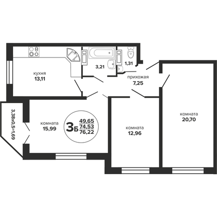 Планировка 3-комн 76,22 м²