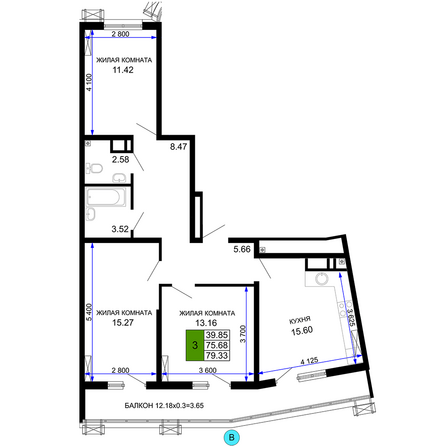 Планировка 3-комн 79,33 м²