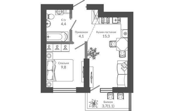 Планировка 1-комн 34,7 м²