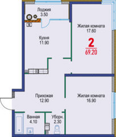 Планировка 2-комн 69,2 м²