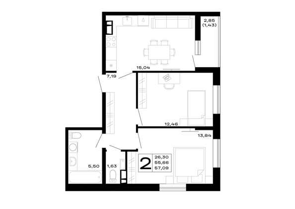 Планировка 2-комн 57,09 м²