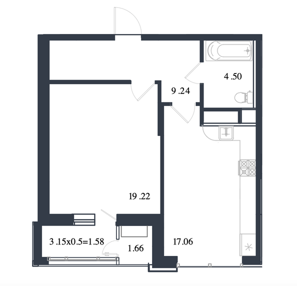 Планировка 1-комн 53,26 - 54,08 м²