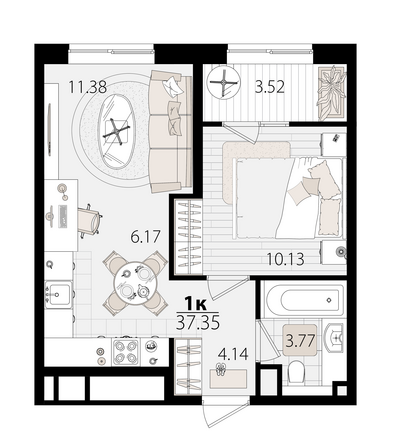 Планировка 1-комн 37,07 м²