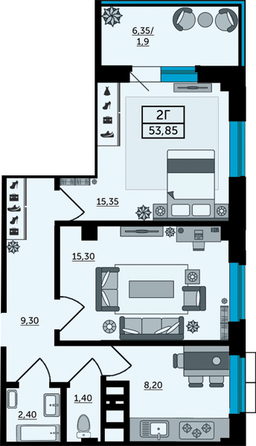 Планировка 2-комн 55,4 м²