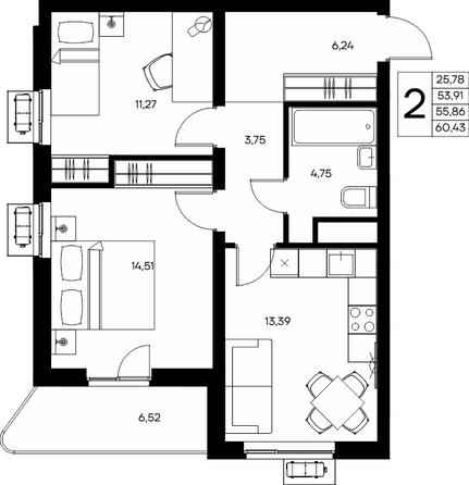Планировка 2-комн 60,43 м²