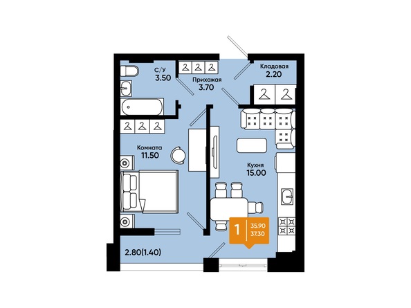 Планировка 1-комн 37,3 м²