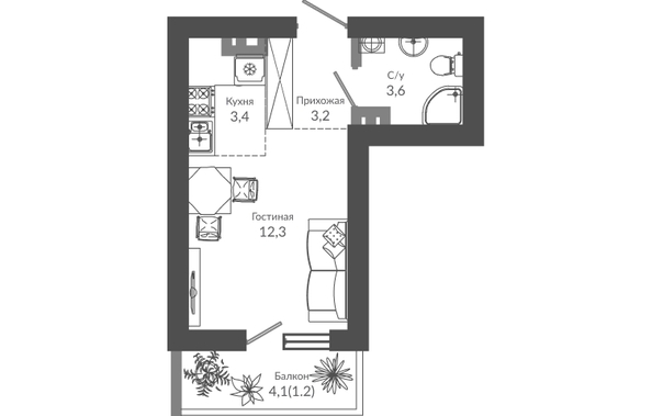 Планировка 1-комн 23,7 м²