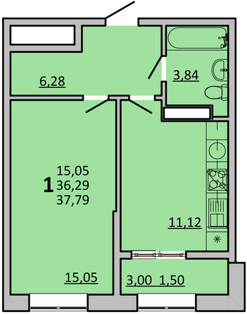 Планировка 1-комн 37,79 м²