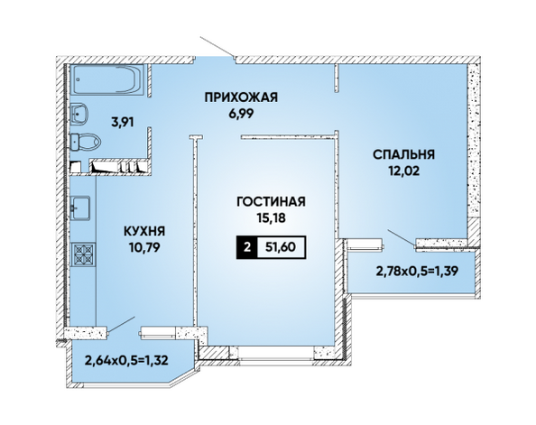 Планировка 2-комн 51,6 м²