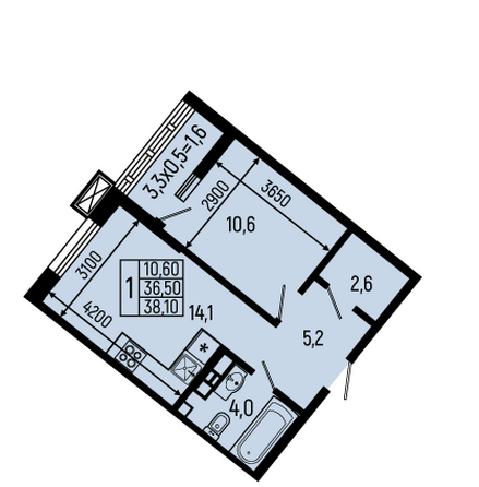 Планировка 1-комн 38,1 м²