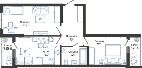Планировка 2-комн 59,3 - 63,1 м²