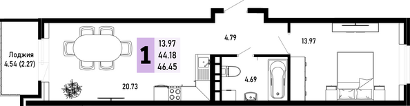 Планировка 1-комн 46,45 м²