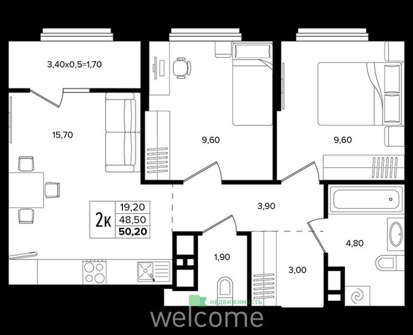 Планировка 2-комн 50,2 м²