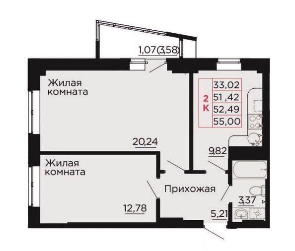 Планировка 2-комн 52,49 м²