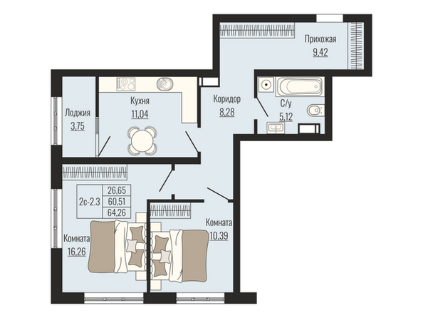 Планировка 2-комн 64,26 м²