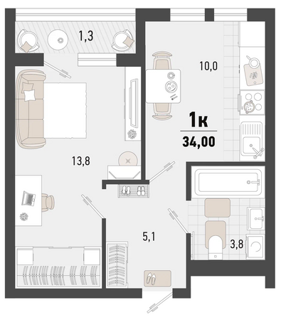 Планировка 1-комн 34 м²