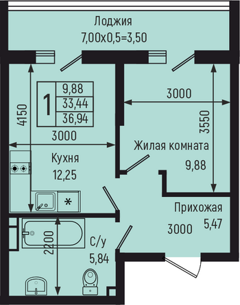 Планировка 1-комн 36,94 м²