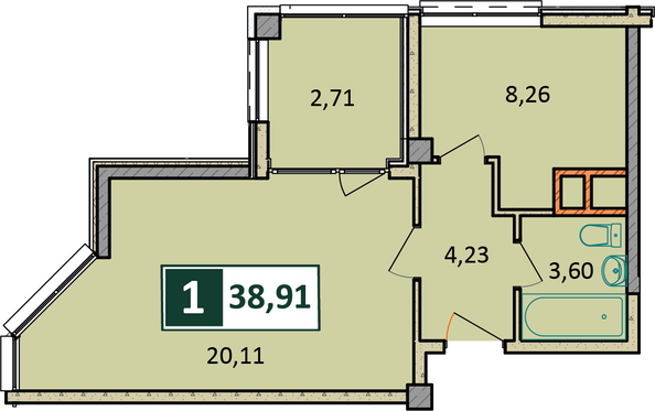 Планировка 1-комн 38,91 м²