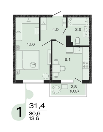 Планировка 1-комн 31,4 м²